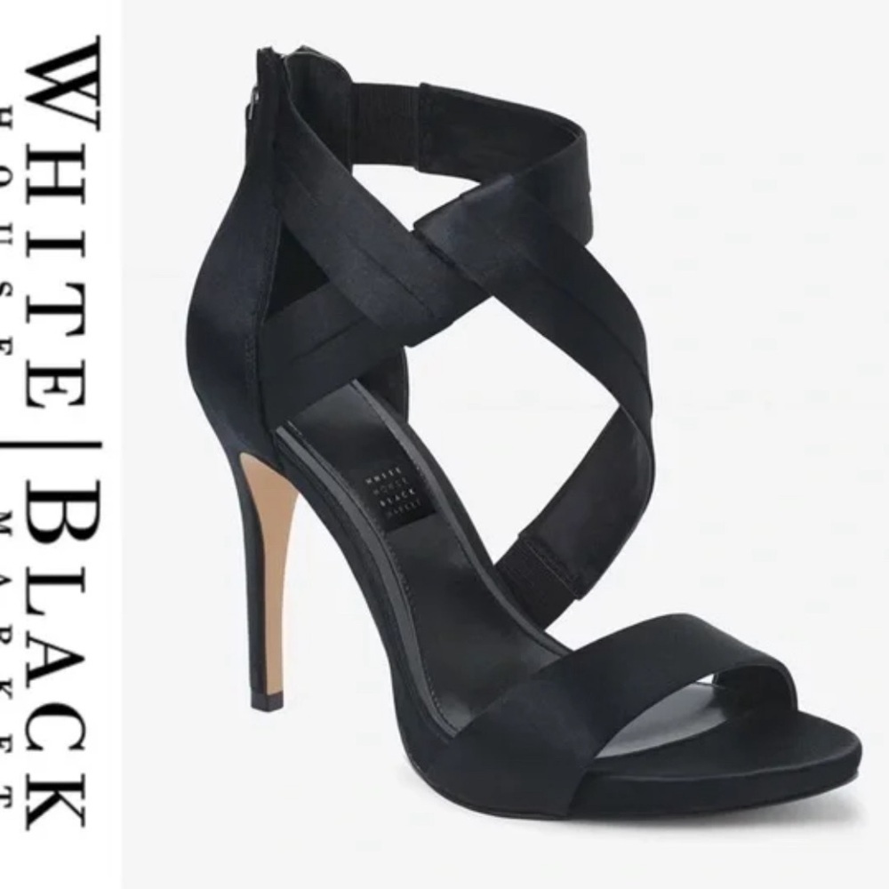 White House Black Market Black Satin Strappy Heels size 9
